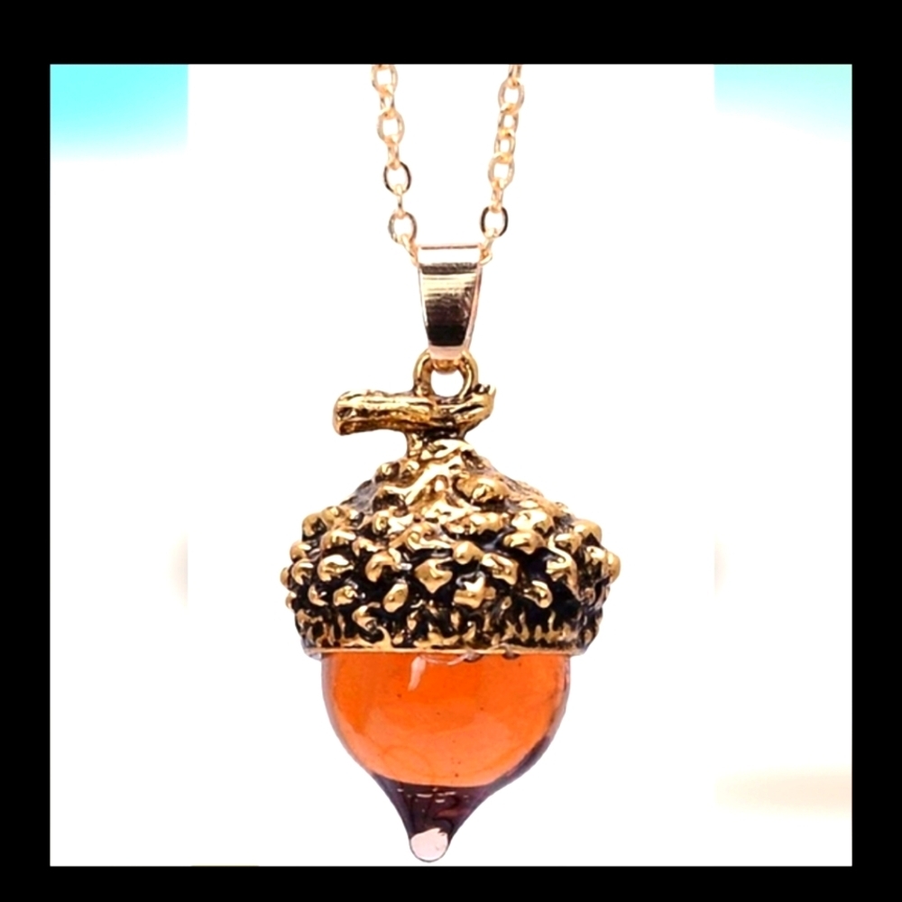 Simulated Amber Glass Acorn Necklace  Seasonal Wonder 31 inch Chain